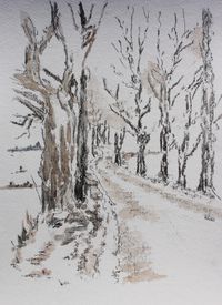 Allee im Winter (Kohle und Aquarell)